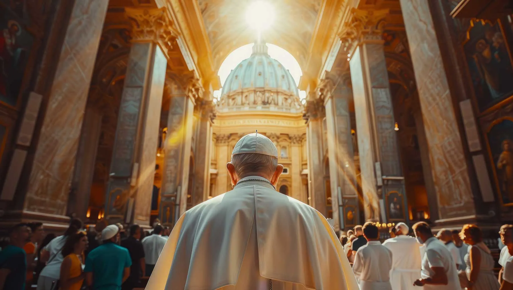 Seen from behind, the pope stands before a crowd in a golden-lit cathedral